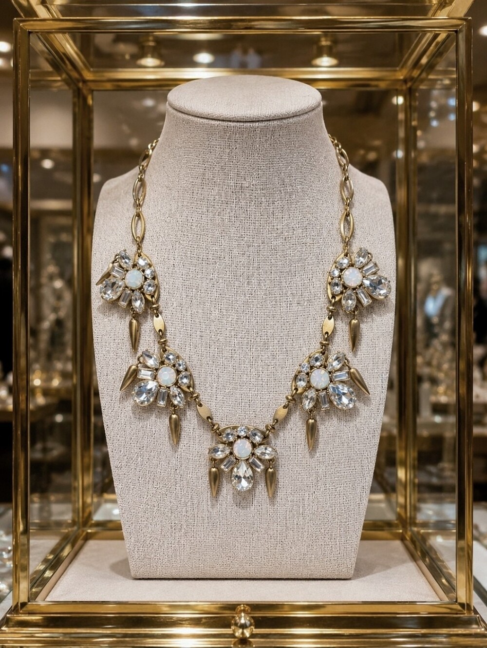 Bella Jack Blazing Clear Stones Opaline Antique Gold Brass Statement Necklace